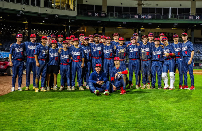 The 2024 Lewisburg Patriots pose for a photo after sweeping two games against Houston (Tenn.) and Oak Grove on Saturday, March 16 at Trustmark Park in Pearl, Miss.